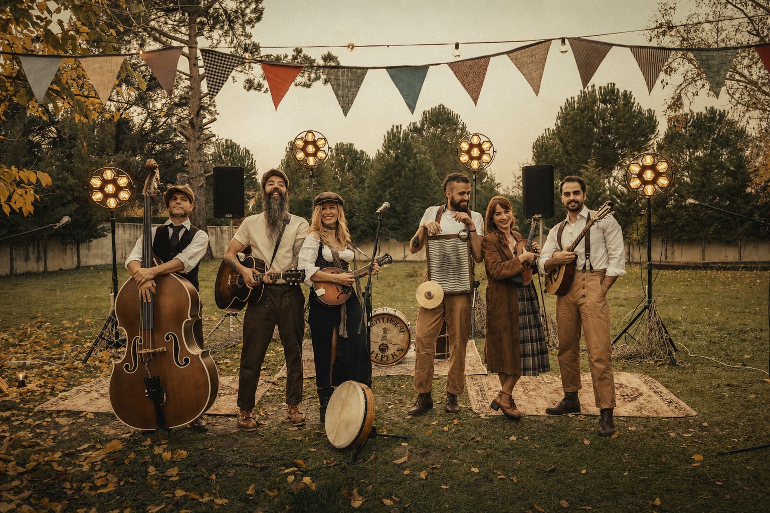 The Lighthouse Keepers posando con sus instrumentos al aire libre con banderines y luces vintage