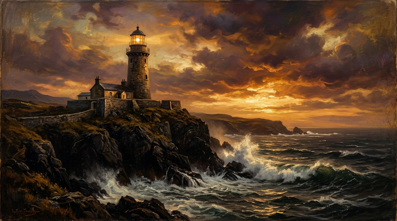 Faro en la costa irlandesa al atardecer con luz dorada